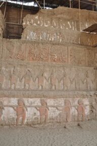 North wall of Huaco Del Luna shows slaves at the bottom, Moche warriors above and the different gods above them Trujillo, Peru
